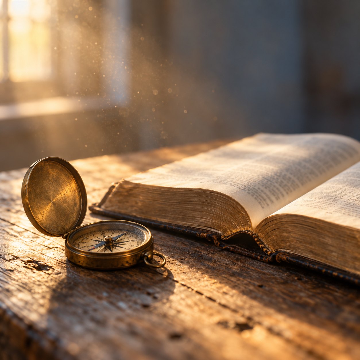 Compass cover art: an open brass compass beside an open Bible on a wooden table in golden morning light