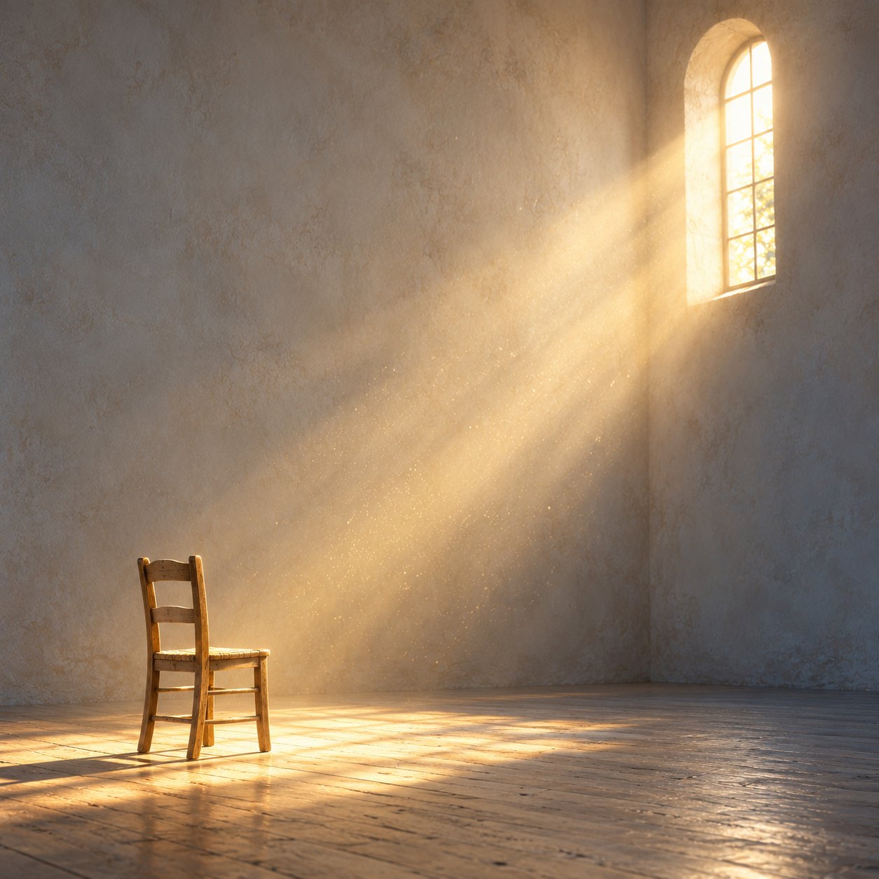 Golden light streaming through a high arched window across an empty room toward a single wooden chair